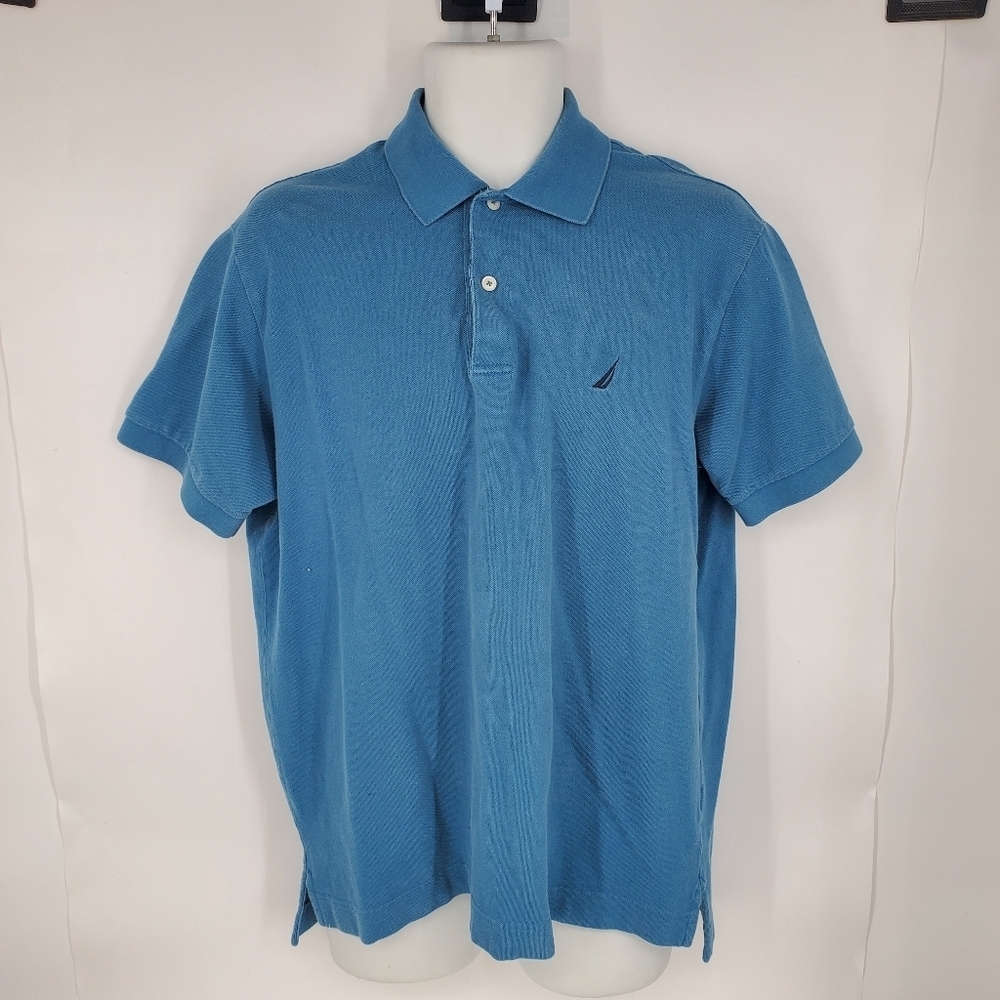 Nautica Polo Shirt Men Medium  Solid Blue Pique Knit Cotton Short Sleeve
